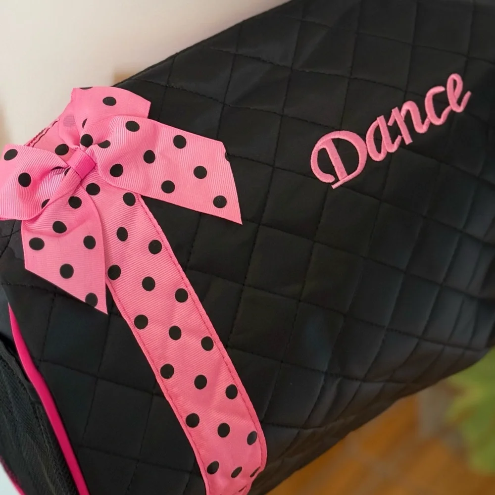 Black Quilted Dance Bag with Pink Ribbon
